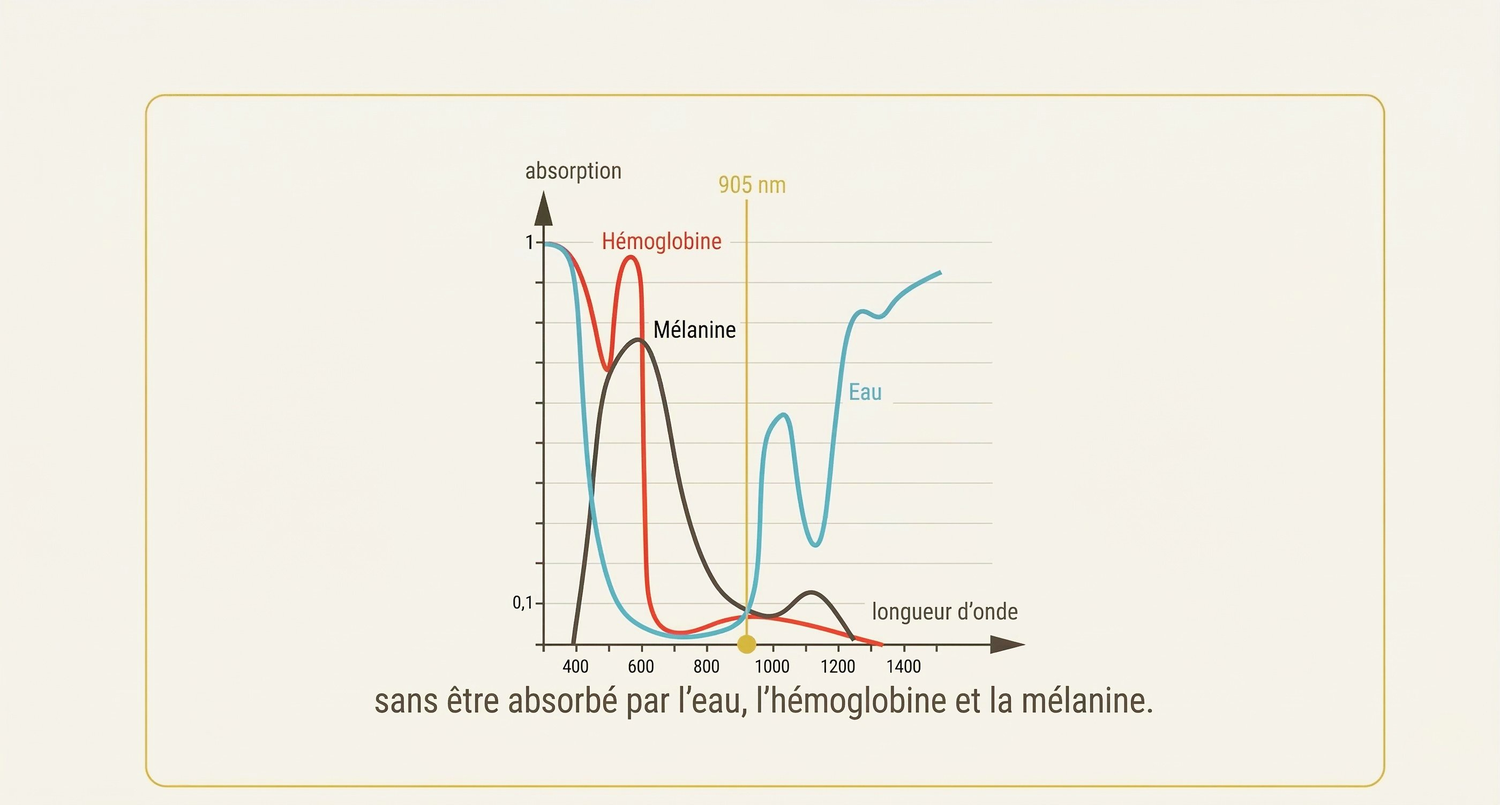 Courbe d'absorption du laser à 905 nm — fenêtre optique où le tissu cutané n'est pas absorbé par l'eau, l'hémoglobine ni la mélanine