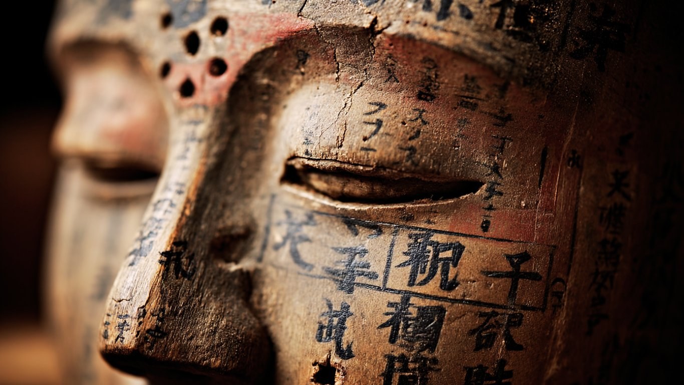 Visage sculpté ancien portant les caractères de la lecture traditionnelle chinoise — source d'inspiration de la méthode