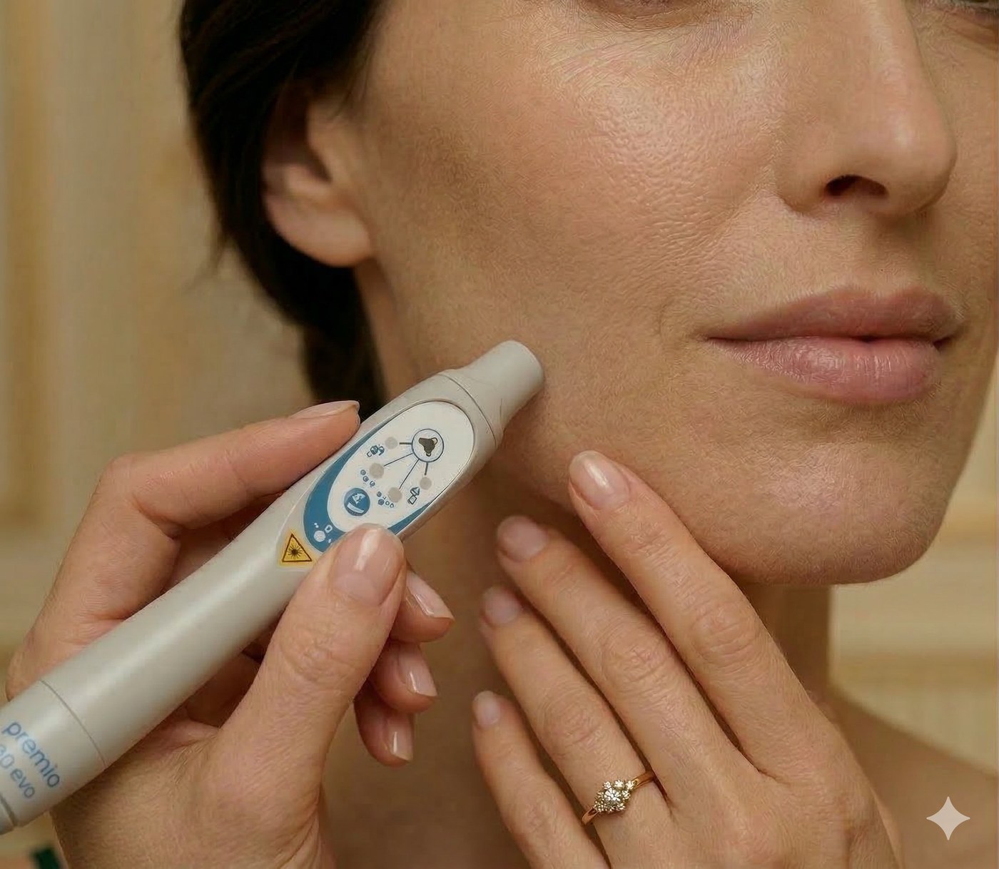 Soin du visage — main tenant le Premio Sedatelec près d'une ride de la joue, geste précis et doux
