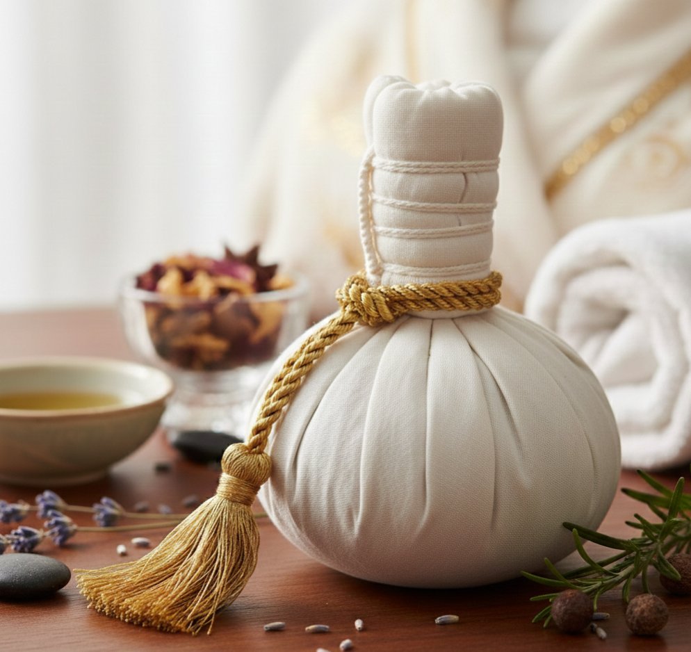 Pochon de massage traditionnel — symbole de l'approche globale du soin et de la tradition thaï et chinoise qui nourrit la méthode
