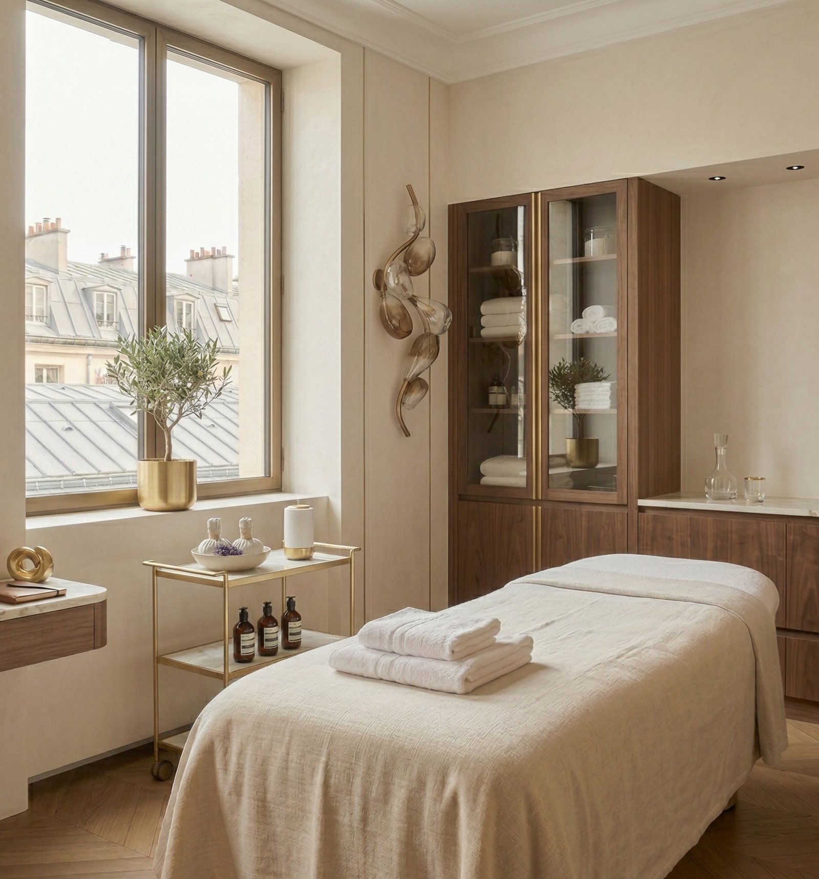 Cabinet de soins esthétique premium — décor clair et raffiné pour la pratique de la photobiomodulation