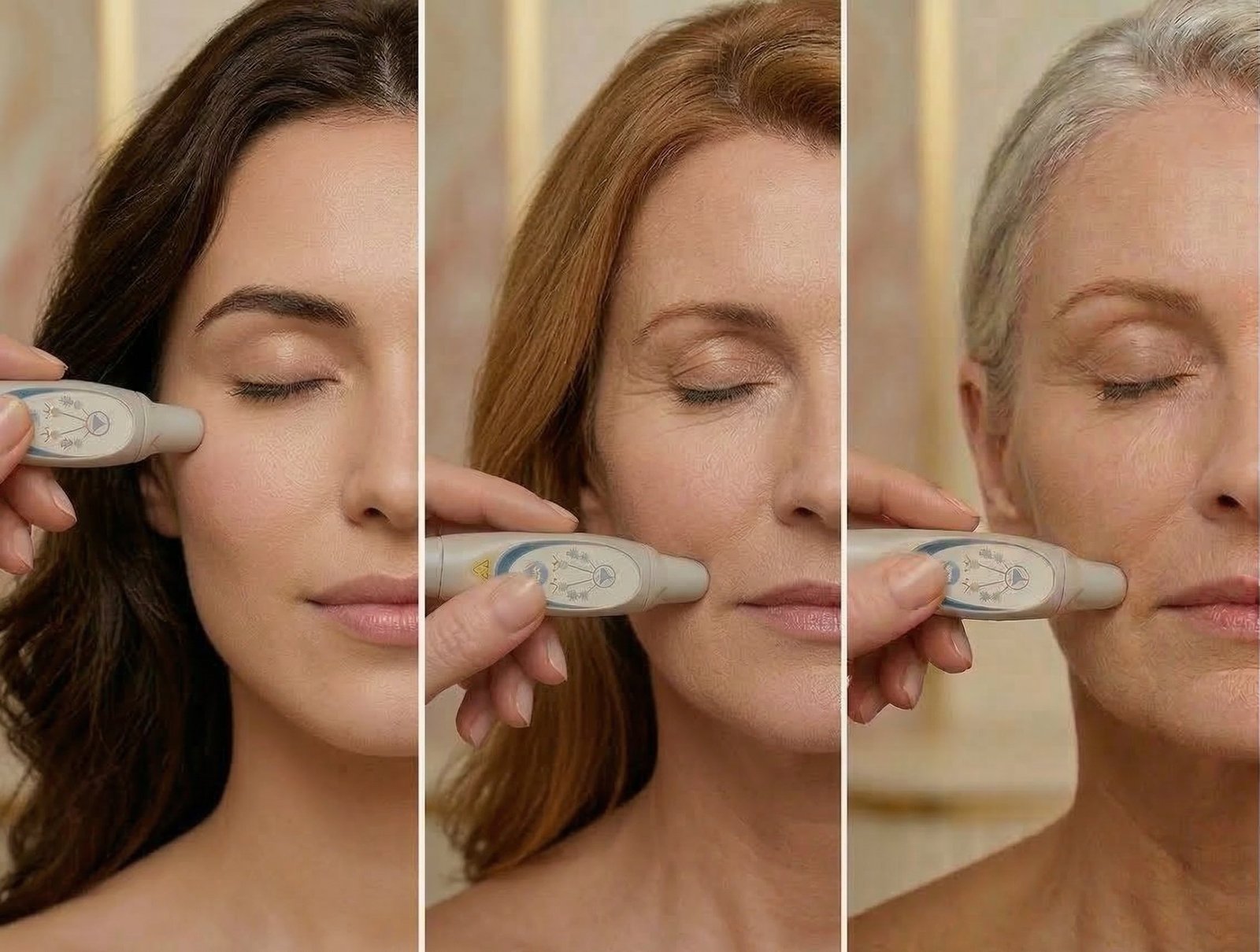 Trois femmes d'âges différents recevant le soin photobiomodulation esthétique laser — résultats adaptés à toutes les clientèles premium